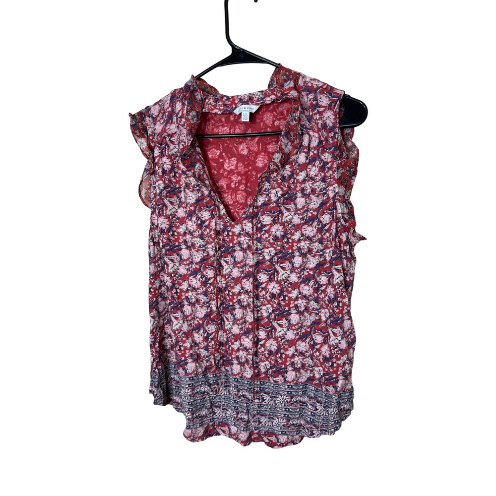 Lucky Brand Women's Floral Print Sleeveless Top Red Pink‎ Ruffle Trim L
